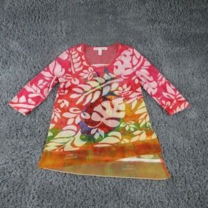 Leoma Lovegrove Blouse Shirt Womens Petite PM Tropical 3/4 Sleeve Tunic Sheer